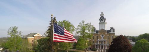 Wide shot of Hillsdale College's campus courtyard.