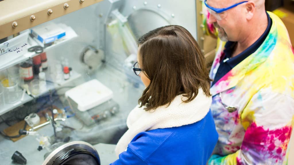 Student and faculty work with chemistry "Glove Box"