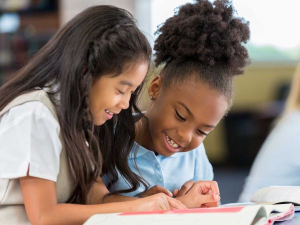 Elementary school students studying together