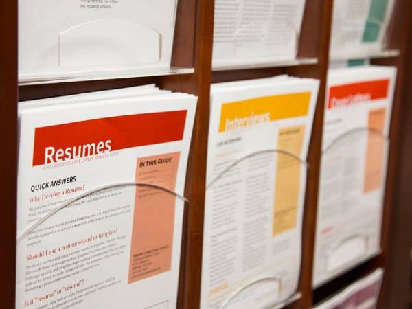 Career Services paper resources lining the wall.