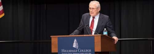 Donald Rumsfeld delivers speech at Hillsdale College.