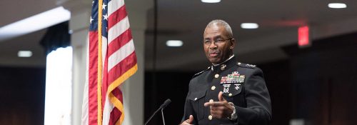 General Bailey mid-speech at Hillsdale College.