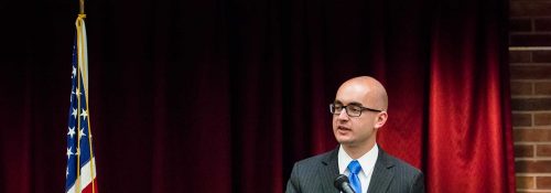 Hillsdale alumnus Ryan Walsh giving a speech at the College.
