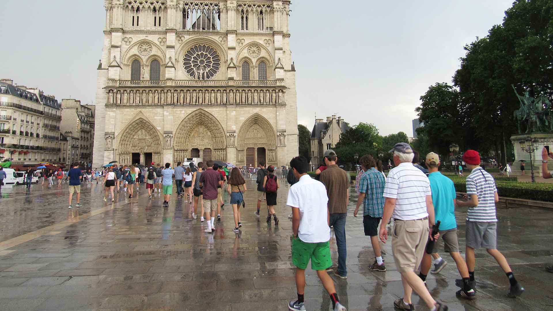 Front exterior of Notre Dame Cathedral in Paris, France.