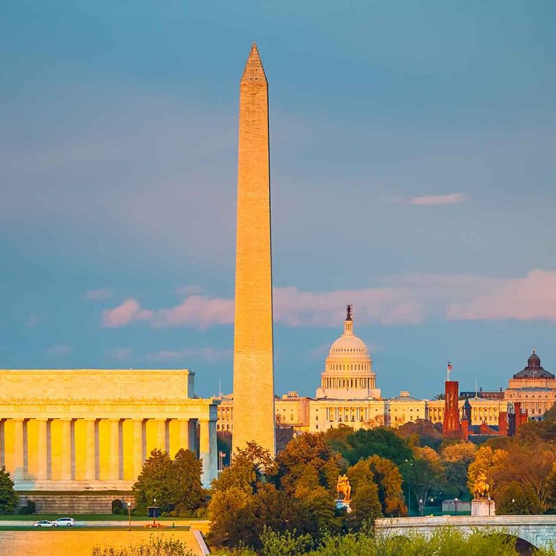 Wide shot of Washington D.C. viewing the Lincoln Memorial, the Washington Monument, the Capitol building, and Smithsonian castle.
