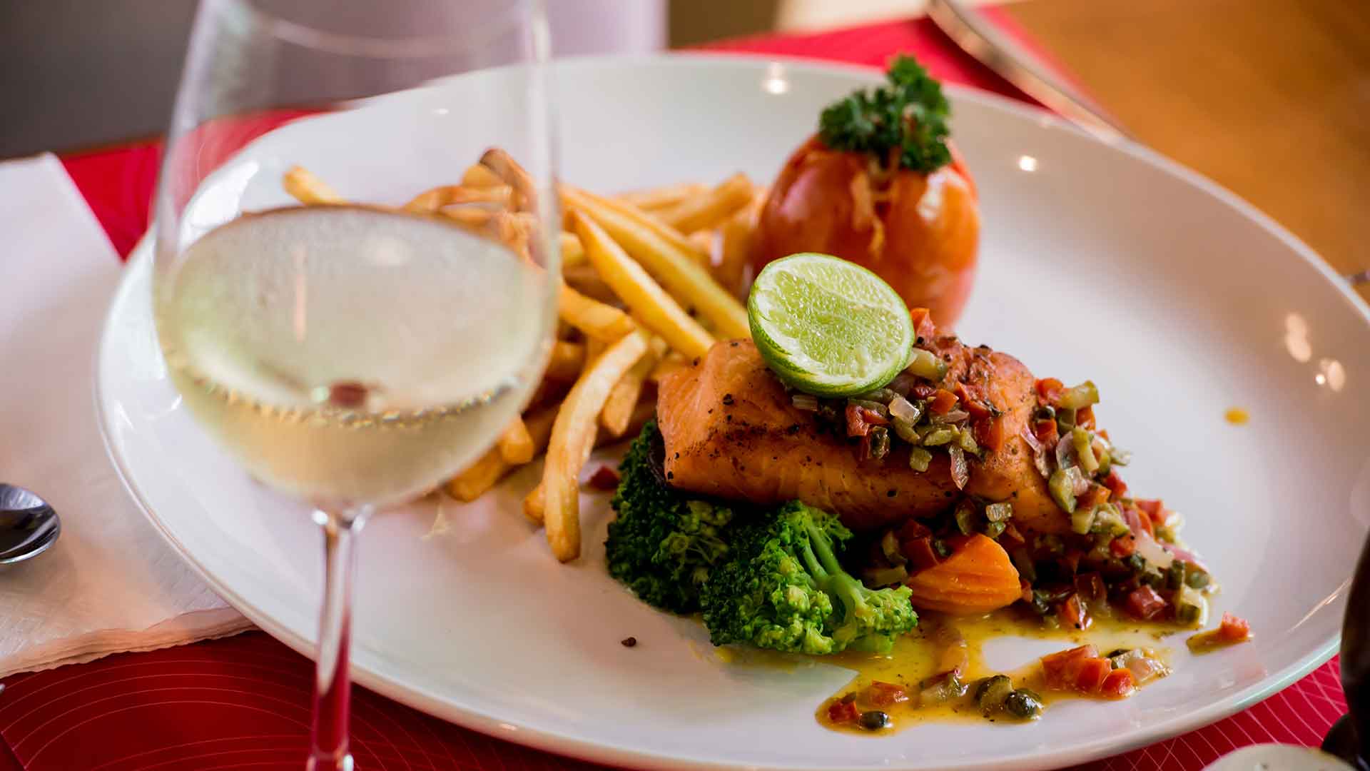 Grilled salmon and white wine.