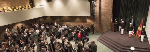 Marine Corps commissioning in a Hillsdale College auditorium.