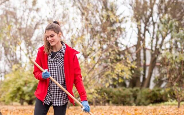A volunteer raking leaves.