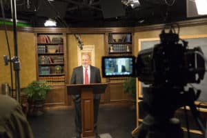 Larry P. Arnn filming Online Course about Public Policy.