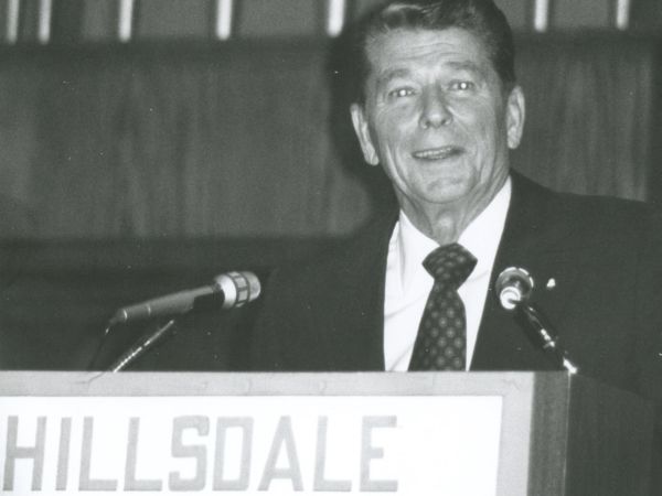 Ronald Reagan giving a speech at Hillsdale College.
