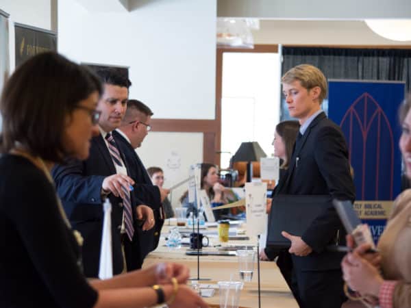 Various booths at the Classical School Career Fair.