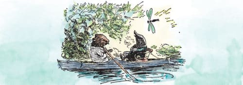 Watercolor cover art of the book 'The Wind in the Willows', featuring Rat and Mole rowing down a river.