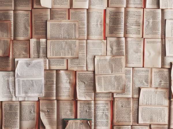 Books pinned to wall
