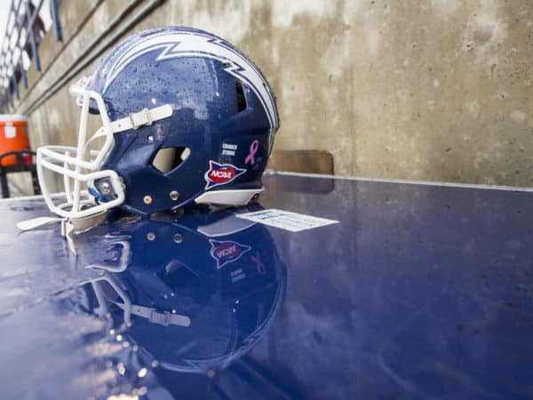 Blue Charger Football helmet on the sidelines