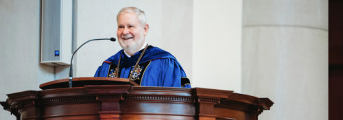 Dr. Arnn introducing the speaker at the 2021 convocation.