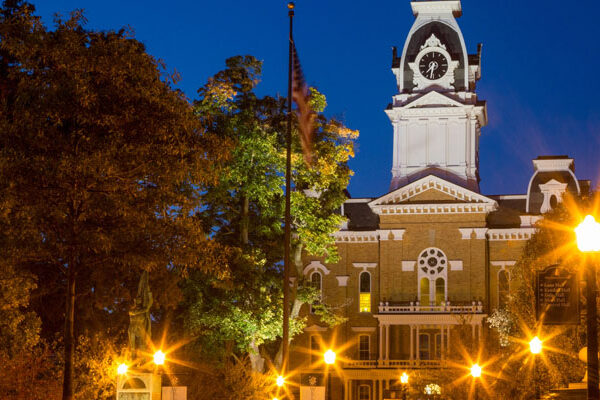 A night-time view of Central Hall