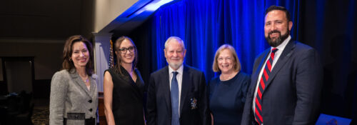 Elizabeth Edwards Spalding, Kat Timpf, Larry P. Arnn, Kerry Donovan Cummings, and Michael Francisco pose for a photo at Hillsdale College on June 30, 2024.