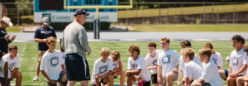 A group of boys participate in Youth Football Honor Roll Camp at the Muddy Waters Stadium on June 14, 2024.