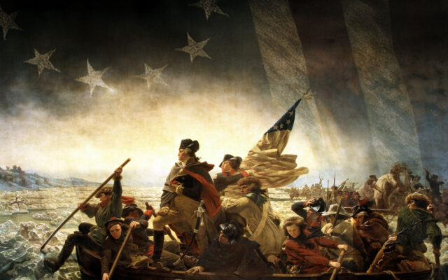 Dramatic, stylized scene of George Washington and Continental Army soldiers crossing an icy river in small boats beneath a faint, oversized American flag, symbolizing the Revolutionary War crossing of the Delaware.