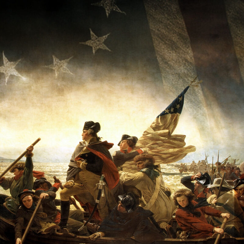 Dramatic, stylized scene of George Washington and Continental Army soldiers crossing an icy river in small boats beneath a faint, oversized American flag, symbolizing the Revolutionary War crossing of the Delaware.