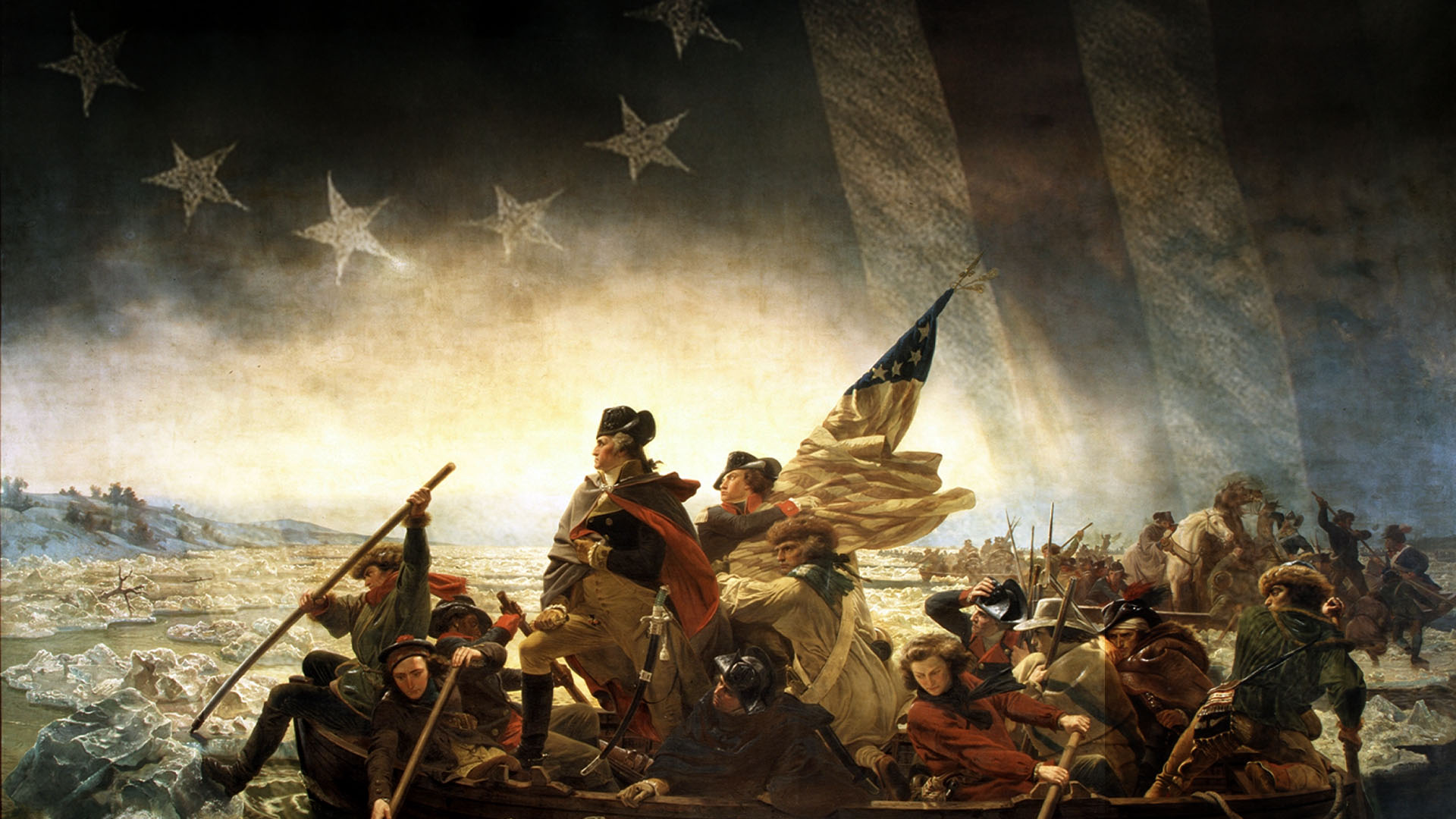 Dramatic, stylized scene of George Washington and Continental Army soldiers crossing an icy river in small boats beneath a faint, oversized American flag, symbolizing the Revolutionary War crossing of the Delaware.